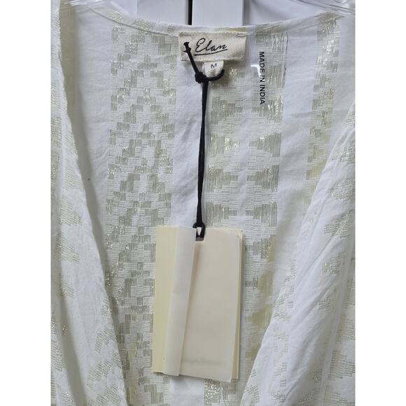 Womens Elan White Gold Metallic Knot 3/4 Puff Sleeve Ruffle Cottage Boho Dress - Picture 5 of 6